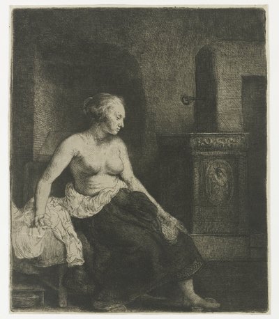 Mujer sentada a medio vestir junto a una estufa de Rembrandt van Rijn