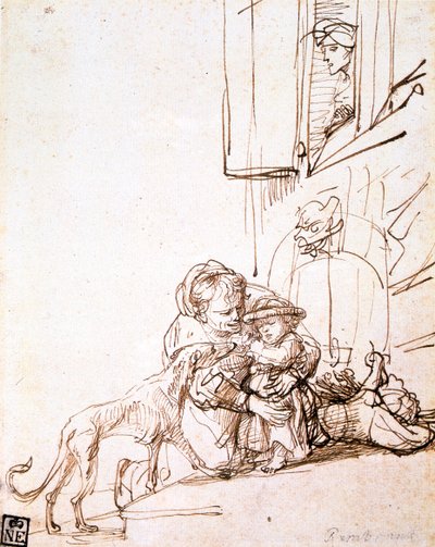 Mujer con un niño asustado por un perro, siglo XVII de Rembrandt van Rijn