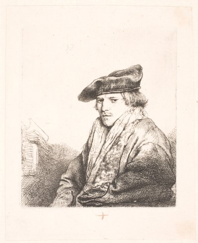 Joven con gorra de terciopelo con libros a su lado de Rembrandt van Rijn