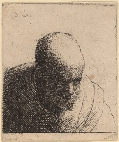 Hombre calvo con la boca abierta, mirando hacia abajo de Rembrandt van Rijn and Studio of Rembrandt
