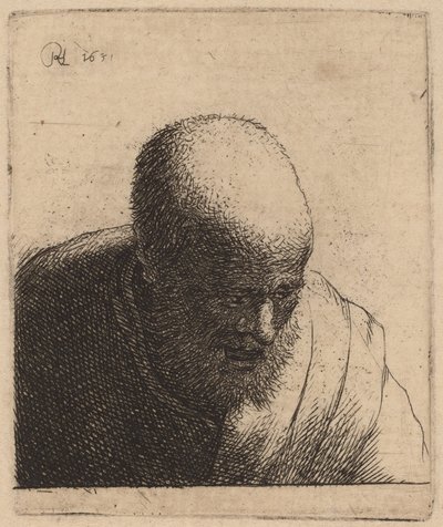 Hombre calvo con la boca abierta, mirando hacia abajo de Rembrandt van Rijn and Studio of Rembrandt