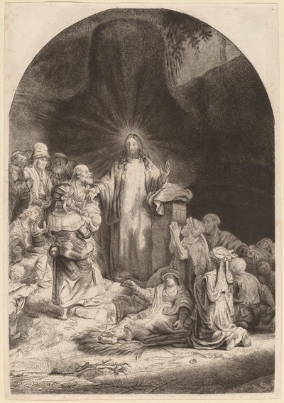 Cristo predicando y sanando (Fragmento de la Estampa de los Cien Florines) de Rembrandt van Rijn and William Baillie