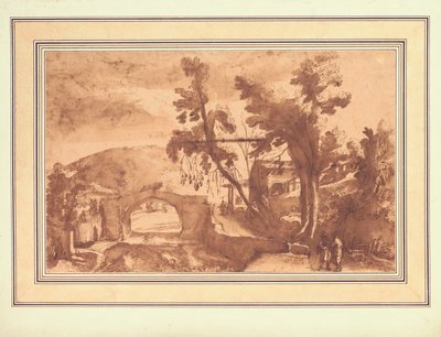 Paisaje montañoso con un puente sobre un río, figuras en un camino junto a una granja a la derecha (tinta y aguada con tiza sobre papel) de Remigio Cantagallina