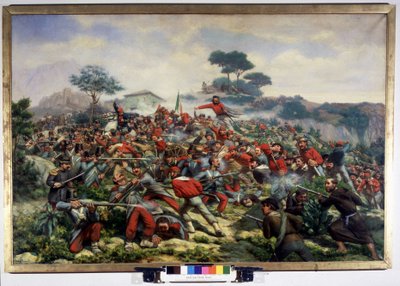 Risorgimento: la batalla de Calatafimi en Sicilia oponiendo las tropas de Giuseppe Garibaldi (1807-1882), los Mil contra el ejército del Reino de las Dos Sicilias, el 15/05/1860. Pintura de Remigio Legat. Museo del Risorgimento. Milán de Remigio Legat