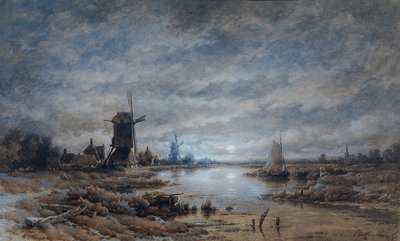 Noche de luna (paisaje del canal con molinos de viento y barcos) de Remigius Adrianus van Haanen