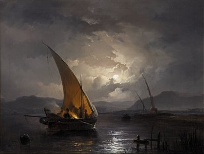 Un paisaje nocturno con un velero donde se enciende un fuego, después de 1860 de Remigius van Haanen