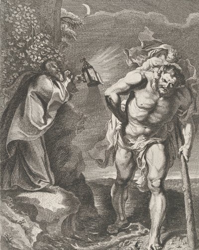 San Cristóbal llevando al niño Cristo a través de un arroyo, otro hombre sosteniendo..., ca. 1636-80 de Remoldus Eynhoudts