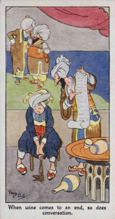 Proverbio oriental: Cuando el vino se acaba, también lo hace la conversación (litografía en color) de René Bull