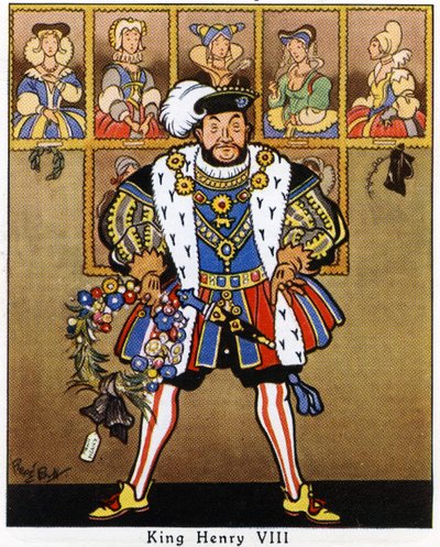 El Rey Enrique VIII decorando los retratos de sus esposas con acebo, muérdago y una corona para Navidad, 1936 de René Bull
