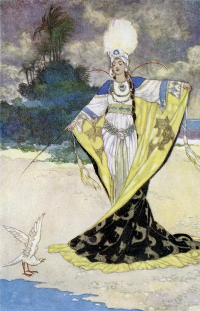 La princesa Giauhara convierte al rey Beder en un pájaro blanco de René Bull