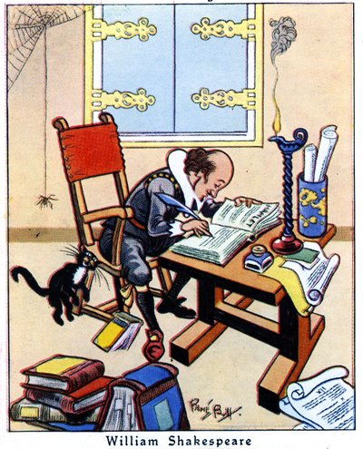 Shakespeare escribiendo Hamlet, 1936 de René Bull