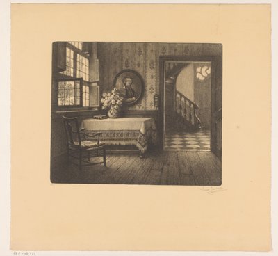 Interior con retrato, mesa y vista a un pasillo de René Janssens (signed by artist)