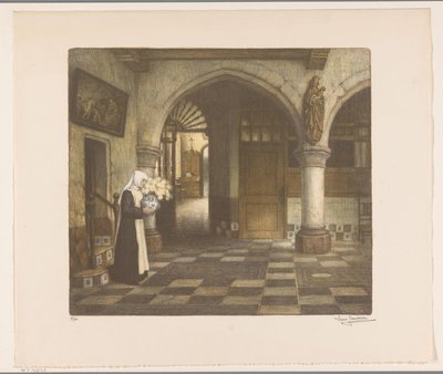 Monja en un salón de un convento con un jarrón de flores de René Janssens (signed by artist)