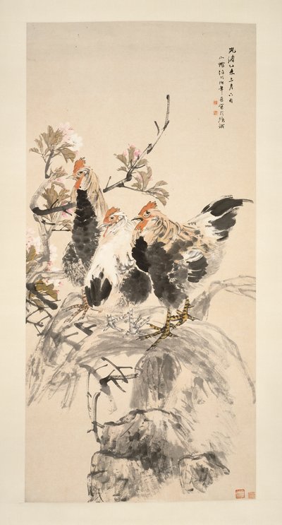 Gallos y albaricoques en flor de Ren Yi