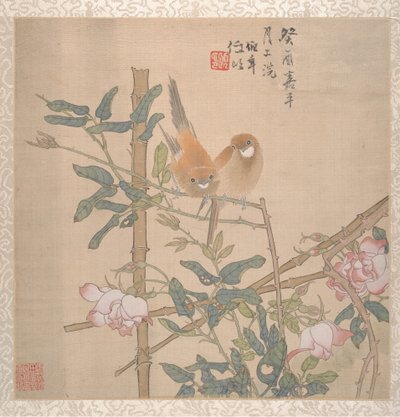 Dos pájaros posados en un rosal floreciente de Ren Yi