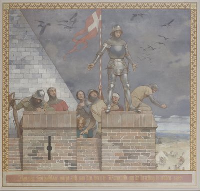 Pintura de Georg Sturm, la imagen de Jan van Schaffelaar se arroja desde la torre en Barneveld para salvar la ocupación, en el muro sur de Voorhal de René den Engelsman
