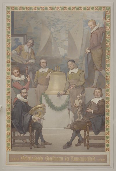 Pintura en Voorhal de Georg Sturm de Artes Aplicadas (incluida la fabricación de relojes) con la inscripción: Siglo XVI Practicantes holandeses de las artes aplicadas Siglo XVII de René den Engelsman