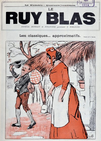 Marianne como campesina, con un pañuelo en la mano, en los escalones de su casa viendo salir a un hombre para saludarla - Dibujo de R. Berger para la portada de Ruy Blas, 1 de enero de Rene Berger