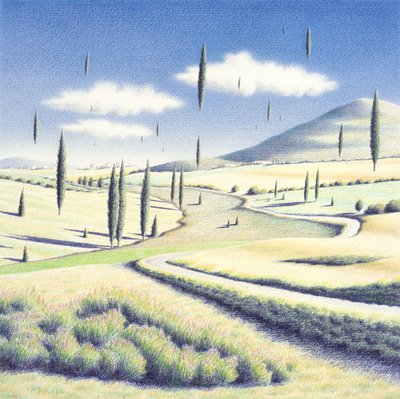 Árboles de la Toscana, 2005 , Dibujo a lápiz de color sobre papel de Rene Boin