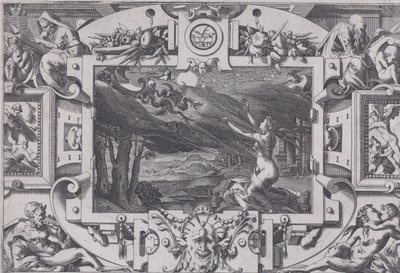 Medea y su carro tirado por dragones Echevellée y desnuda por noche oscura, en lugar desierto de Rene Boyvin