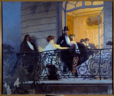 Belle Epoque: "El balcón" Velada social, un hombre hace sexo a mano con la anfitriona. Pintura de René Prinet (1861-1946) 1900 Sol. 1,86x1,56 m Caen, Museo de Bellas Artes de René François Xavier Prinet