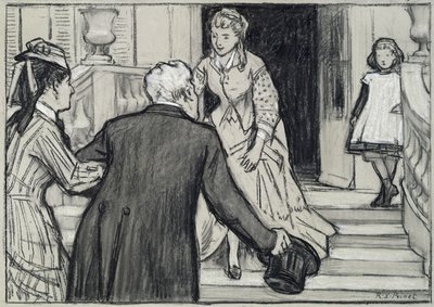 La visita, ilustración de La Jeune Fille Bien Elevee de René Boylesve (tizas en blanco y negro sobre papel) de René François Xavier Prinet