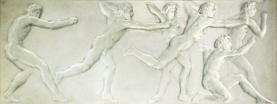 Panel figurativo de vidrio moldeado que representa seis atletas masculinos desnudos de Rene Jules Lalique