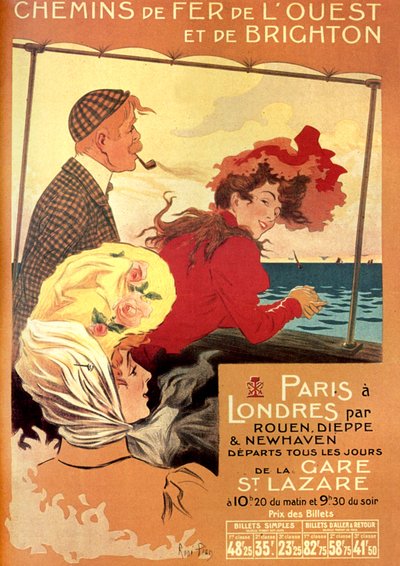 Cartel publicitario de René Pean para la compañía ferroviaria West and Brighton para la línea París-Londres vía Rouen, Dieppe y Newhaven, finales del siglo XIX de Rene Pean