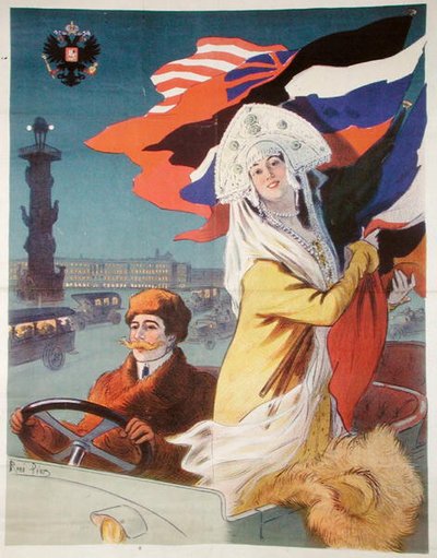 Pareja en un automóvil en San Petersburgo, póster publicitario de un coche francés destinado al mercado ruso, c.1912 de Rene Pean