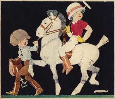Niño en pony de polo, guiado por una chica de establo de Rene Vincent