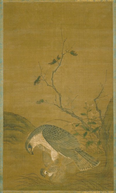 Hawk Capturing A Sparrow (tinta y color sobre seda) de Renfa Ren