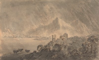 Castillo sobre un lago con una montaña lejana bajo un cielo tormentoso de Rev. William Gilpin