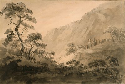 Paisaje montañoso con ruinas (pluma, tinta y aguada de tinta sobre lápiz sobre papel verjurado blanquecino preparado con un lavado sepia) de Rev. William Gilpin
