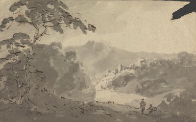 Dos hombres mirando un paisaje con castillo, río y montaña de Rev. William Gilpin