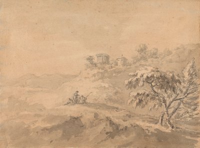 Dos hombres en un paisaje y un castillo en una colina de Rev. William Gilpin