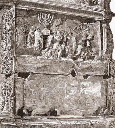 Bajorrelieve del panel sur "El botín de guerra", que muestra la procesión triunfal, en el Arco de Tito, Vía Sacra, Foro Romano, Roma, Italia. De Italian Pictures by Rev. Samuel Manning, publicado hacia 1890. de Reverend Samuel Manning