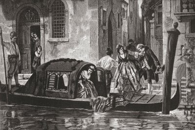 Pasajeros bajando de una góndola en el Gran Canal, Venecia, Italia, a finales del siglo XIX. De Italian Pictures by Rev. Samuel Manning, publicado hacia 1890. de Reverend Samuel Manning