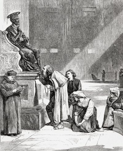 Personas besando los pies de la estatua de San Pedro en el interior de la Basílica de San Pedro, Ciudad del Vaticano, Roma, a finales del siglo XIX. De Italian Pictures by Rev. Samuel Manning, publicado hacia 1890. de Reverend Samuel Manning