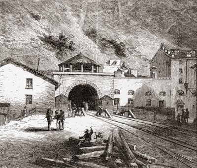 El túnel ferroviario de Fréjus, también llamado túnel de Mont Cenis, en los Alpes europeos, desde el lado italiano a finales del siglo XIX. De Italian Pictures by Rev. Samuel Manning, publicado hacia 1890. de Reverend Samuel Manning