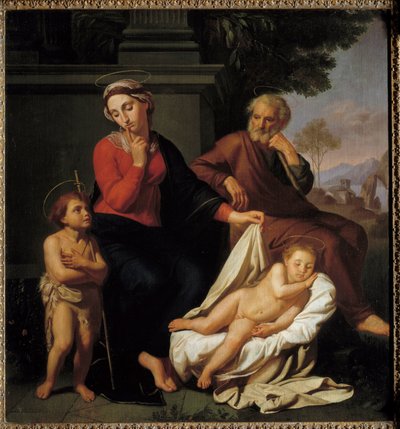 La Sagrada Familia. La Virgen María se pone un dedo delante de la boca para pedir a San Juan Bautista que no despierte a Jesús dormido. San José observa la escena. Pintura de Reynaud Levieux (ca. 1625-1690) de Reynaud Levieux