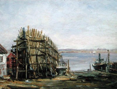 Astillero de Noank, c.1900 (óleo sobre tabla) de Reynolds Beal