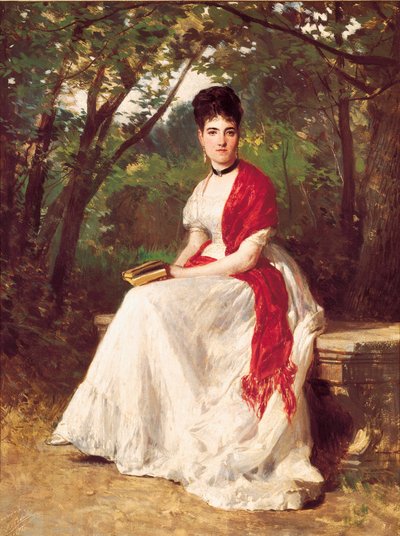 Retrato de Teresa Vergara, esposa del pintor, sentada en un jardín. Pintura de Ricardo Balaca y Orejas-canseco (1844-1880). 1875. Madrid. Fundación Lázaro Galdiano de Ricardo Balaca y Canseco