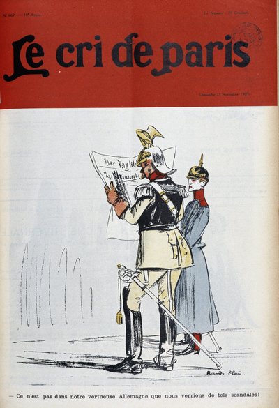 Emperador de Alemania (?) leyendo un periódico denunciando escándalos (¿pero cuáles?), por Florès-couv. "Le Cree de Paris" del 21/11/1909 de Ricardo Flores
