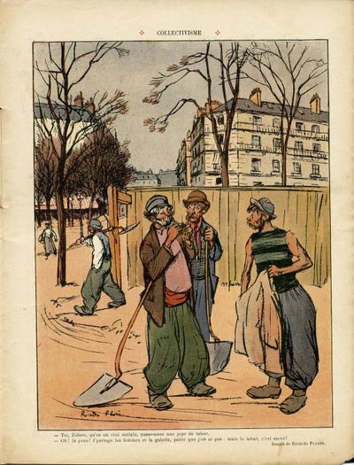 Ilustración de Ricardo Flores (1878-1918) en Le Rire, 06/02/09 - Colectivismo - Social, Arquitectura Urbana, Árbol, Edificio, Colectivismo - Trabajador, Terrassiers de Ricardo Flores