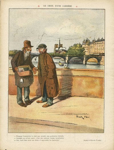 Ilustración de Ricardo Flores (1878-1918) en Le Rire, 06/03/09 - La elección de una carrera - París, Arquitectura Urbana, Miseria, Puente, Río, Iglesias Catedrales, Sena (río) de Ricardo Flores