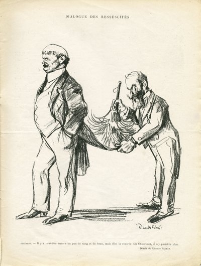 Ilustración de Ricardo Flores (1878-1918) en Le Rire, 09/05/14 - Diálogo de Resucitados - Marruecos, Agadir - Ceccaldi de Ricardo Flores