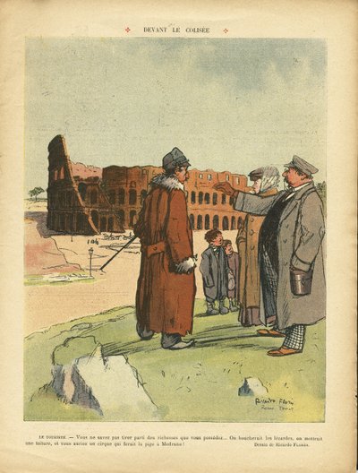 Ilustración de Ricardo Flores (1878-1918) en Le Rire, 03/04/09 - Frente al Coliseo - Italia, Turismo Turistas, Coliseo de Ricardo Flores