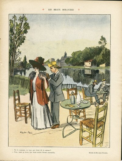 Ilustración de Ricardo Flores (1878-1918) en Le Rire, 04/07/08 - Hermosos Domingos - Ocio, Vegetación Natural, Arquitectura Urbanismo, Restaurantes Cafés, Marítimo Marino Costero de Ricardo Flores