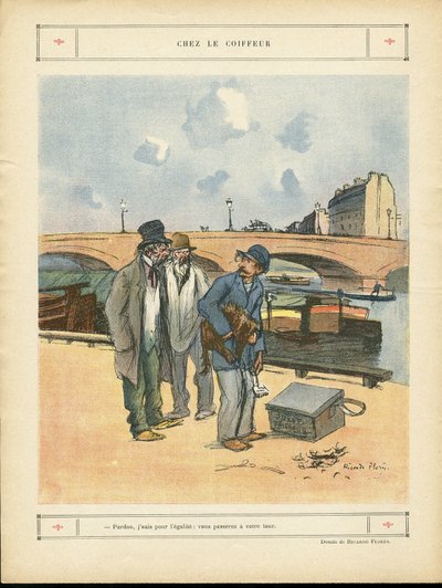 Ilustración de Ricardo Flores (1878-1918) en Le Rire, 05/10/12 - En la peluquería - París, Oficios, Urbanismo, Puente, Río - Perro, Peluquero de Ricardo Flores