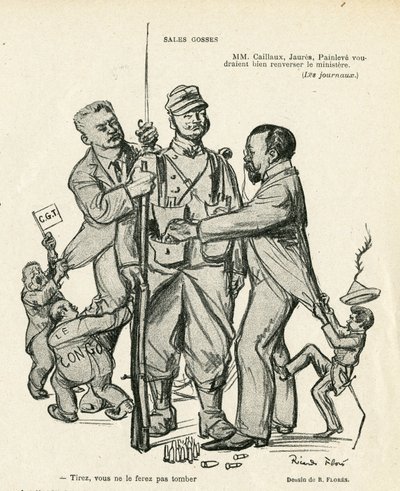 Ilustración de Ricardo Flores en Le Rire, 21/06/13 - Niños vendedores - Ejército, Servicio Militar, Socialismo - Jaurès Jean, Caillaux Joseph, Painlevé Paul de Ricardo Flores